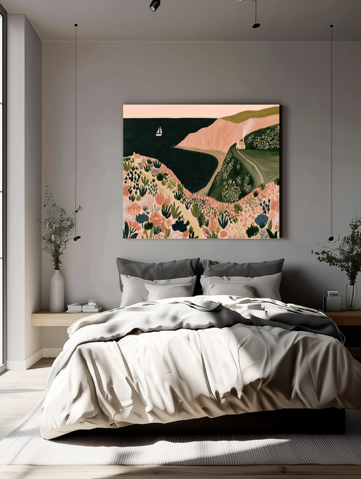 Close up of pink cliffs coastal print showing painterly wildflowers, cottage and white sailboat on a deep sea