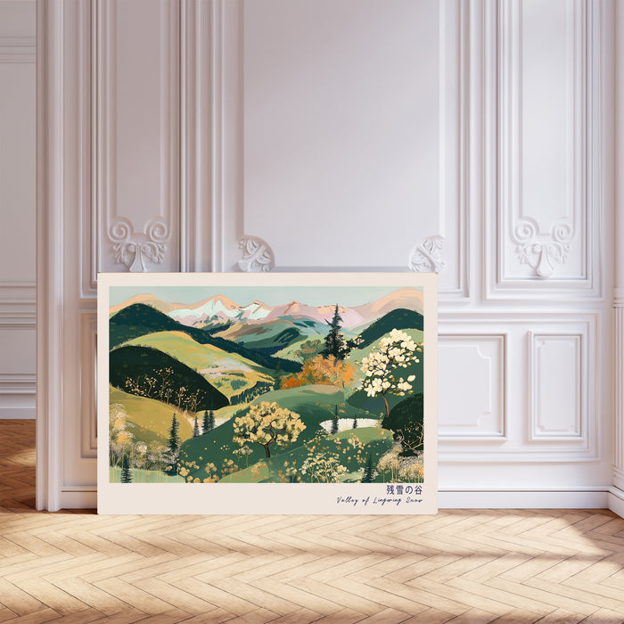Japanese Spring Mountain Landscape Print | Sage Green Blossom Valley Wall Art | Giclée Fine Art