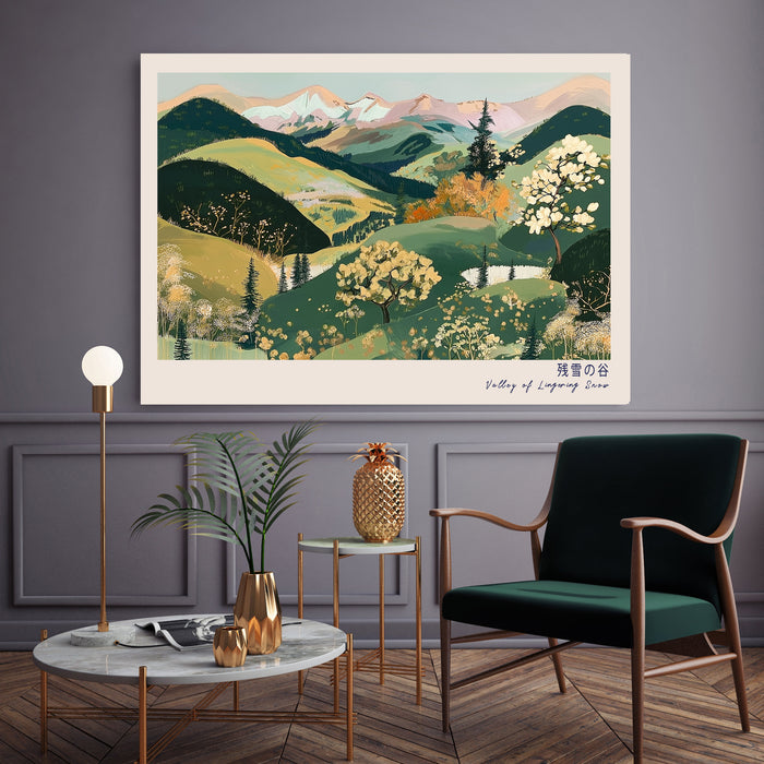 Japanese Spring Mountain Landscape Print | Sage Green Blossom Valley Wall Art | Giclée Fine Art
