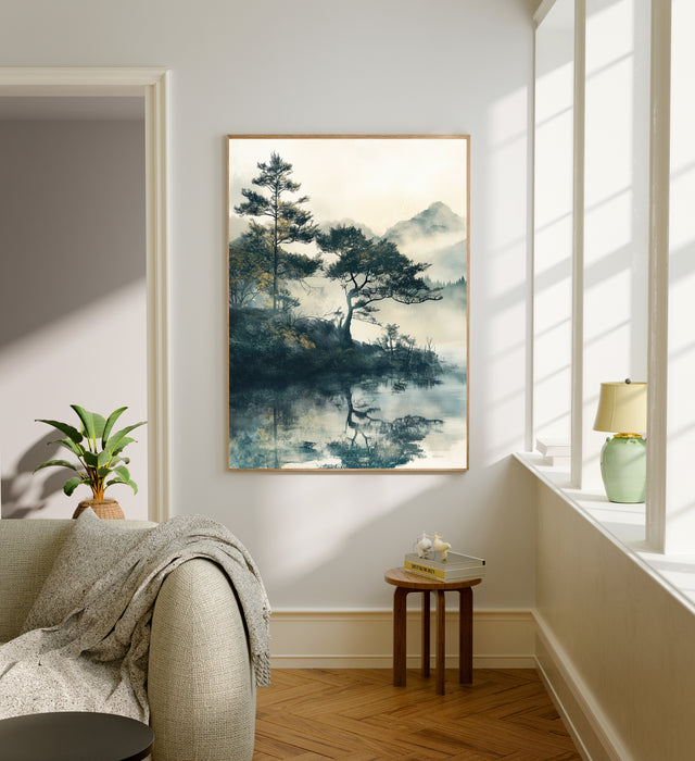 Japanese Light Green Japandi Lake Set Of Two Art Prints