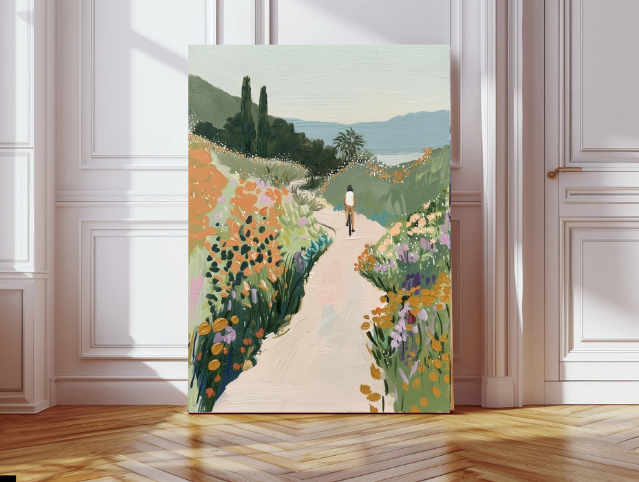 Wildflower Meadow Cyclist Landscape Art Print