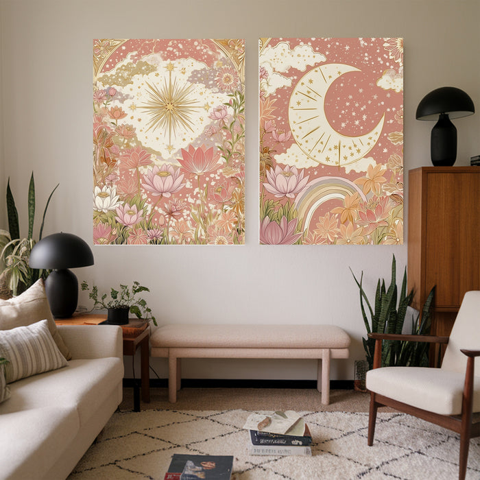 Star and Moon Celestial Landscape Art Prints Set Of Two