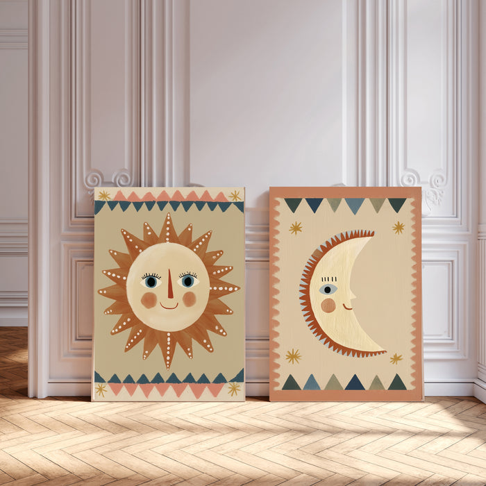 Sun and Moon Folk Art Set of Two Nursery Art Prints