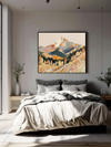 Peach and terracotta mountain landscape wall art print with dotted pointillist texture, Stanley Street Studio