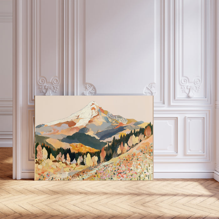 Autumn mountain valley art print with snow-capped peak, golden forest and wildflower meadow in peach, terracotta and slate blue, landscape format, leaning against a white panelled wall