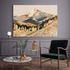 Close up of autumn mountain print showing dotted trees, pine forest and coral pink wildflower meadow detail