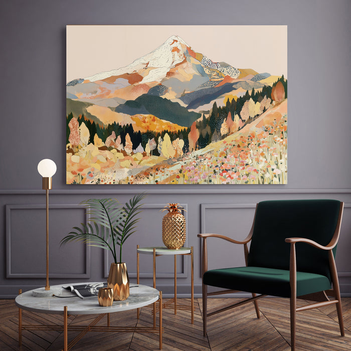 Close up of autumn mountain print showing dotted trees, pine forest and coral pink wildflower meadow detail