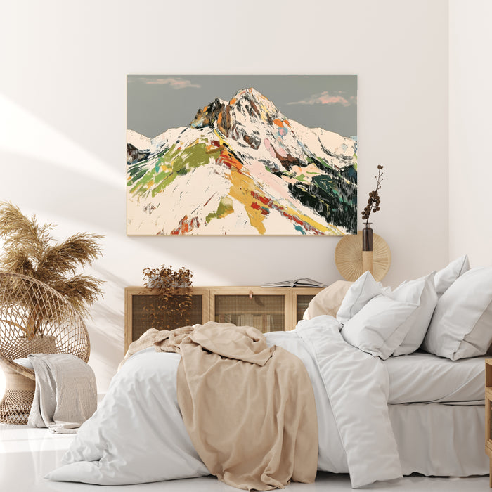 Colourful mountain art print shown in a styled room setting, modern ski and alpine wall art