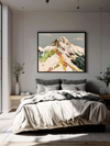 Close up of snowy mountain print showing thick painterly brushstrokes in green, saffron and terracotta