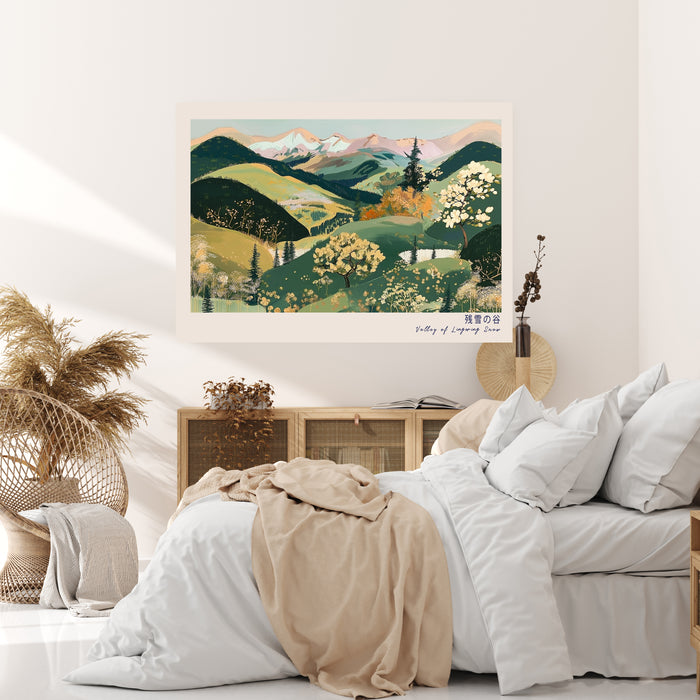 Japanese Spring Mountain Landscape Print | Sage Green Blossom Valley Wall Art | Giclée Fine Art
