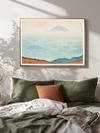 Vintage Japanese Mount Fuji wall art by Charles Bartlett in a Japandi bedroom