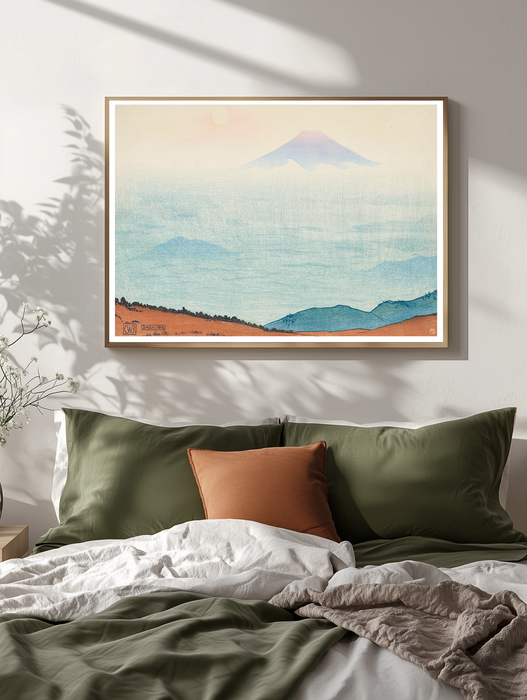 Vintage Japanese Mount Fuji wall art by Charles Bartlett in a Japandi bedroom
