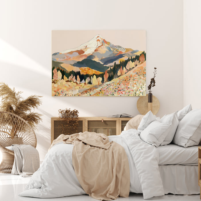 Autumn wildflower mountain print shown in a styled room setting, warm mid-century landscape wall art