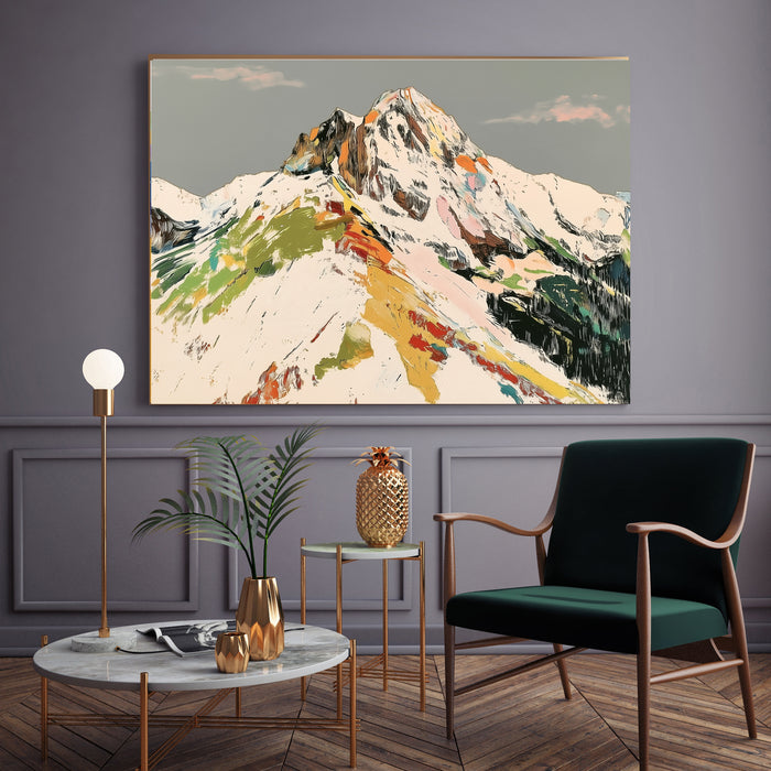 Abstract alpine landscape wall art print, snow-capped peak in bold expressive colour, Stanley Street Studio