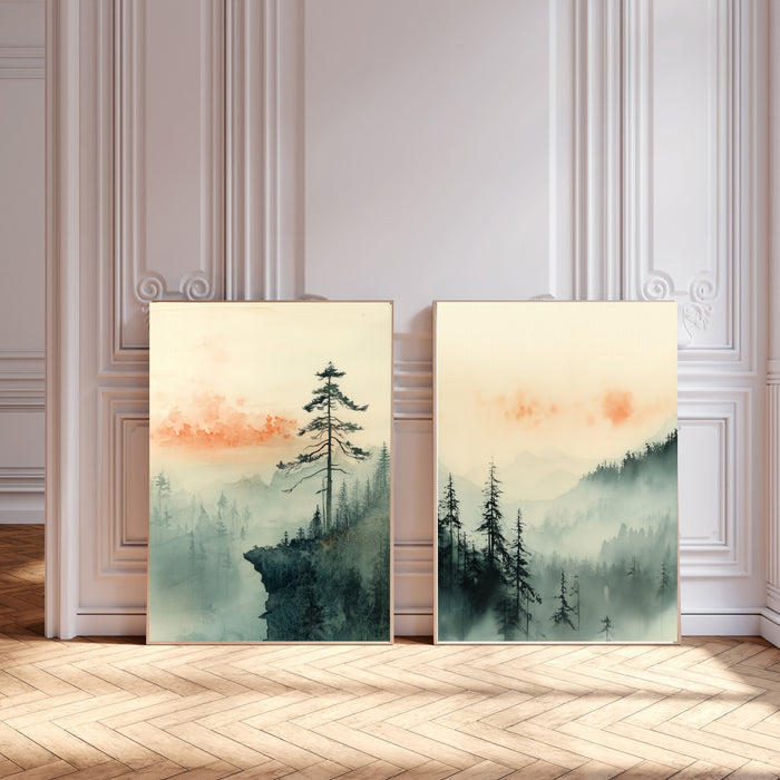 Japanese Landscape Tree's Japandi Set Of Two Art Prints