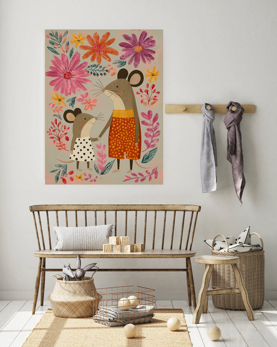 Mouse Parent and Child Flower Nursery Art Print