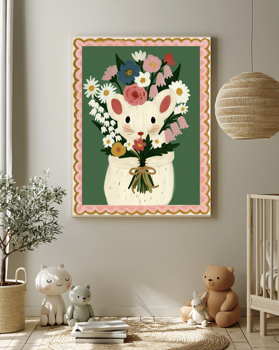 Mouse with Wildflower Bouquet Nursery Art Print | Green Animal Wall Art