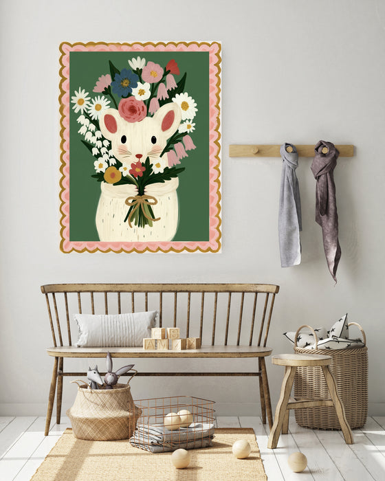 Mouse with Wildflower Bouquet Nursery Art Print | Green Animal Wall Art