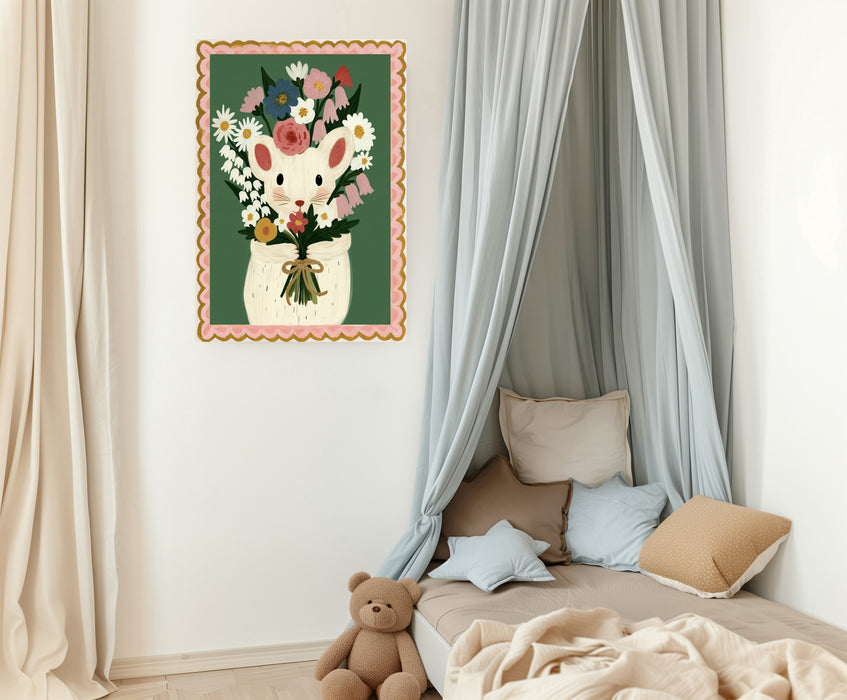Mouse with Wildflower Bouquet Nursery Art Print | Green Animal Wall Art