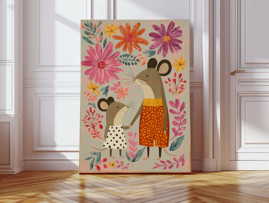 Mouse Parent and Child Flower Nursery Art Print