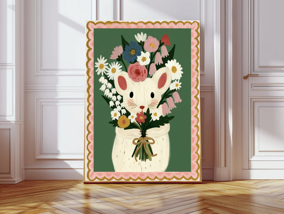 Mouse with Wildflower Bouquet Nursery Art Print | Green Animal Wall Art