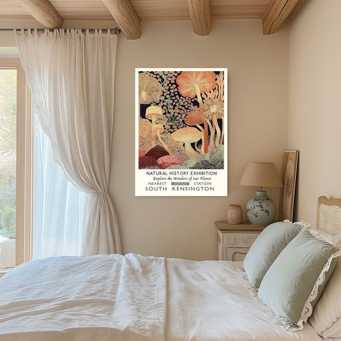 Terracotta fungi exhibition art print on a beamed bedroom wall with linen curtains and sage green bedding