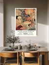 Natural history mushroom museum poster print above a wooden dining table with olive branches and stoneware