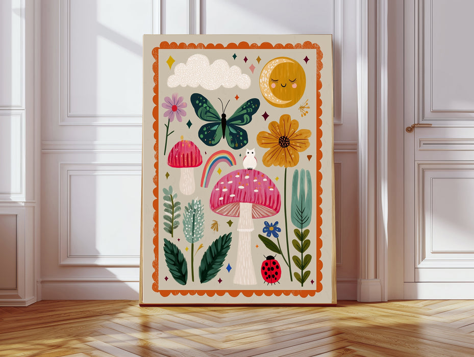 Kids Nursery Whimsical Mushroom and Owl Art Print