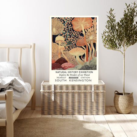 Vintage mushroom exhibition poster print resting on a wicker chest beside a bed and olive tree in a neutral bedroom