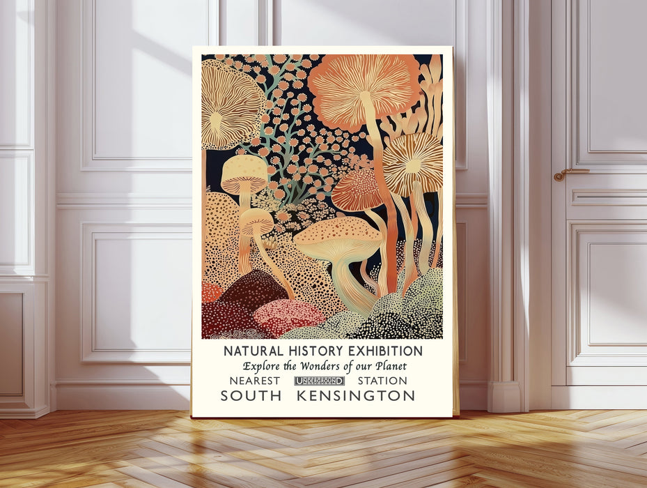 Natural History Museum mushroom art print in a gold frame, vintage exhibition poster with terracotta and cream fungi and South Kensington lettering