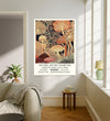 Mushroom natural history poster hanging in a sunlit living room above a linen sofa with side table and plant