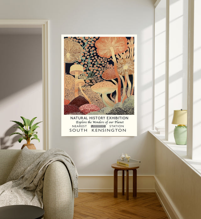 Mushroom natural history poster hanging in a sunlit living room above a linen sofa with side table and plant