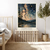 Starry night lake landscape print framed in a cosy living room