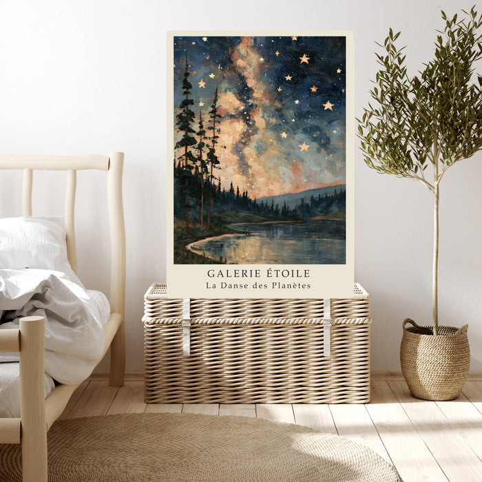 Starry night lake landscape print framed in a cosy living room