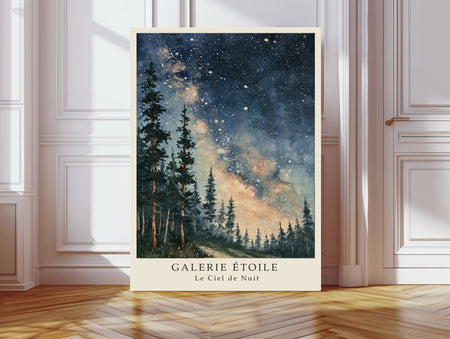 Le Ciel de Nuit Milky Way pine forest night sky print leaning against a white panelled wall
