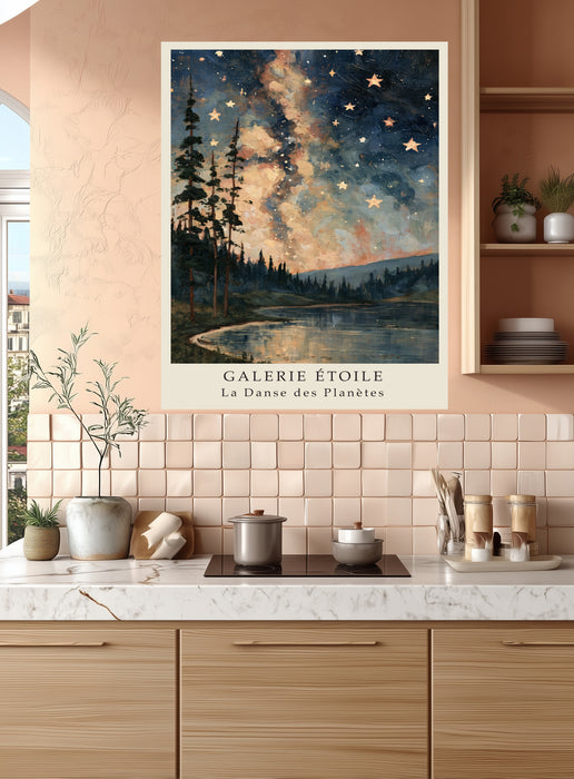Peach Milky Way and golden stars reflected in a still lake, giclee art print