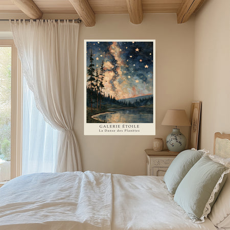 Milky Way over a forest lake painterly night sky print in a calm bedroom