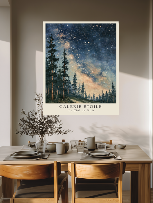 Starry night sky over tall pines, painterly celestial print in a cosy bedroom