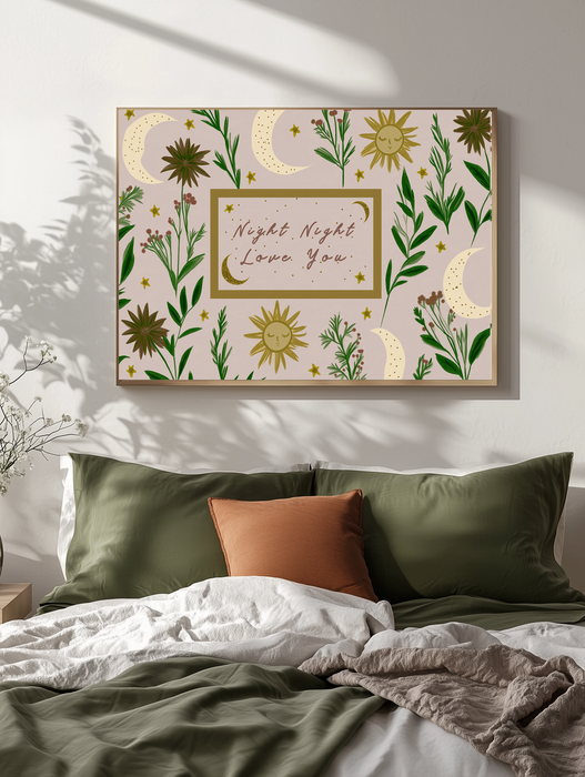 Night Night Love You bedtime quote print framed above a cot in a calm nursery