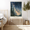 Night sky pine forest landscape print in a cabin style living room