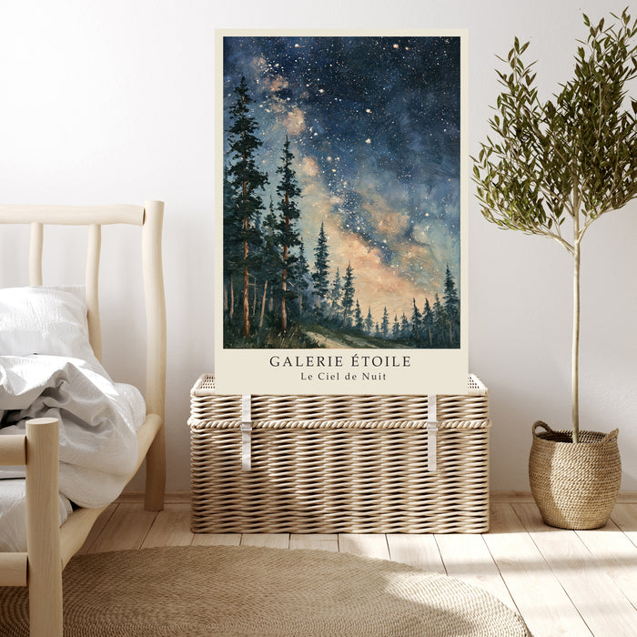 Night sky pine forest landscape print in a cabin style living room