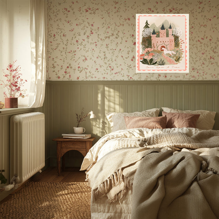 Pink unicorn castle storybook print, new baby and baby shower gift by Stanley Street Studio