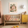 Pastel fairytale castle print above a cot in a calm pink and sage nursery