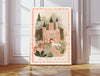 Once Upon A Time pink fairytale castle and unicorn nursery print with scalloped border, leaning against a white panelled wall