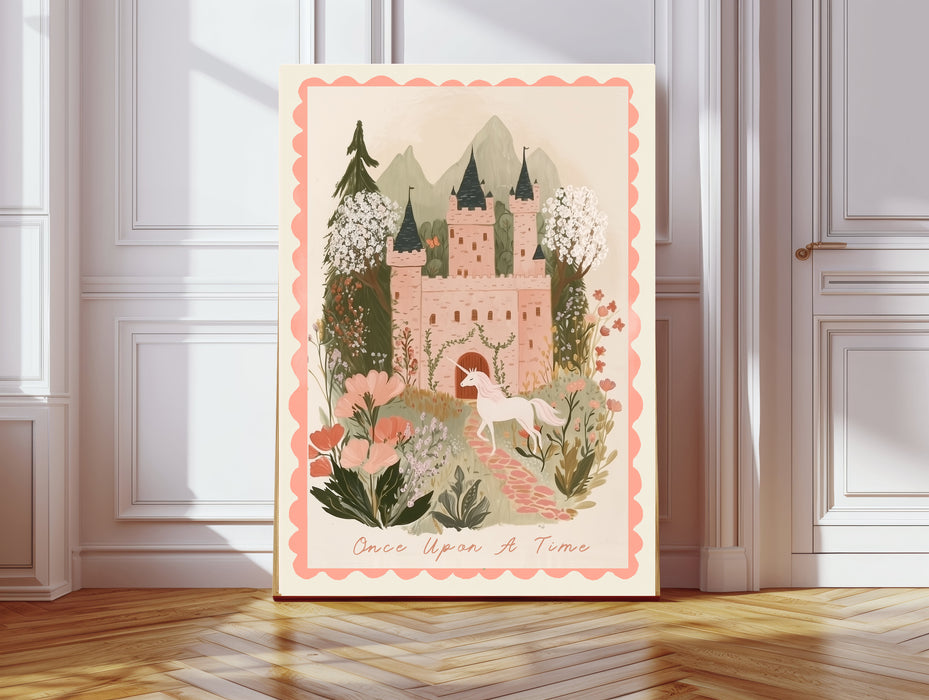 Once Upon A Time pink fairytale castle and unicorn nursery print with scalloped border, leaning against a white panelled wall
