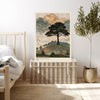 Sage and gold vintage landscape art print in a cottage living room