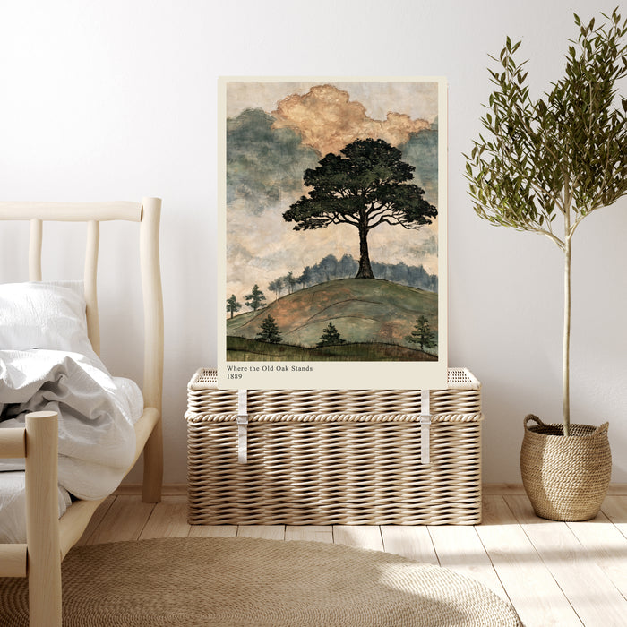 Sage and gold vintage landscape art print in a cottage living room