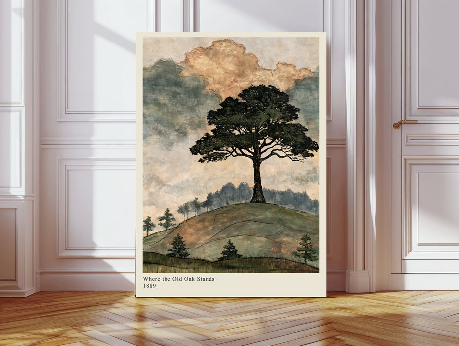 Where the Old Oak Stands print, lone oak tree on an English hill beneath a golden cloud, leaning against a panelled wall