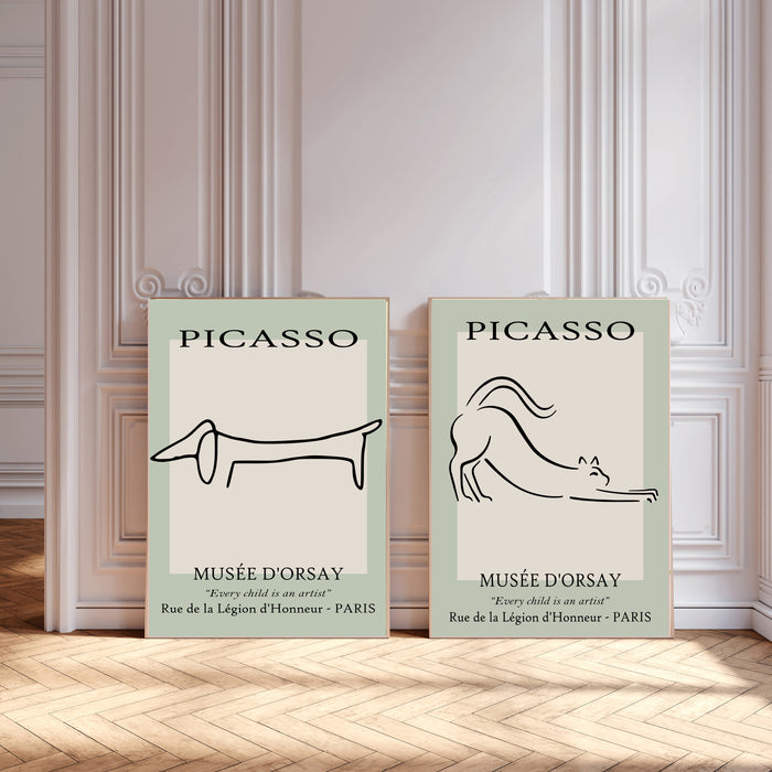 Pablo Picasso Line Drawings Cat and Dog Set Of Two Art Prints