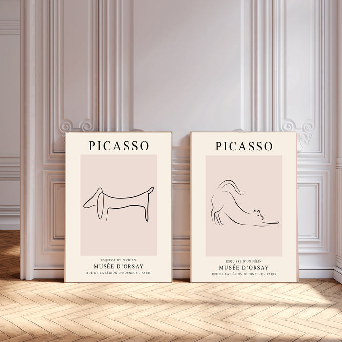 Pablo Picasso Line Drawings Cat and Dog Set Of Two Art Prints